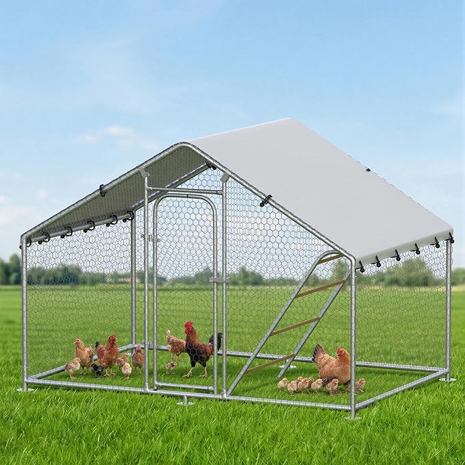 Large Metal Chicken Coop with Roosting Perch, Waterproof and UV-Resistant Cover,Chicken Run Outdoor Walk-in Cage Rabbit Duck Hen House for Yard Farm Use Spire Roof (10’ W x 4.9’ L x 6.4’ H)