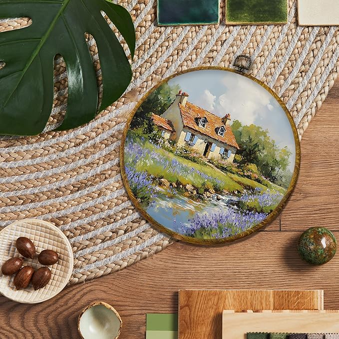 shiviody Rustic Country Canvas Wall Art Decor, Countryside Wildflower Landscape Wall Decor, Wild Fields Floral Round Hanging Frame Prints Decorations for Farmhouse Living Room Bedroom 10"x10"