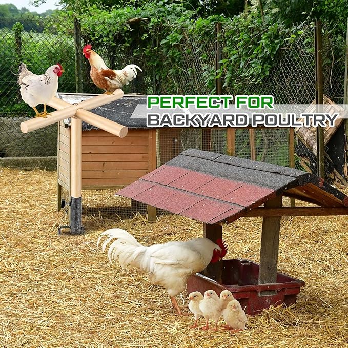 Chicken Perch Toy for Coop 16.54 x 17.72 Inch Wooden Chicken Perch Stand with Metal Ground Plug Chicken Coop Accessories Outdoor Poultry Playground Toys or Poultry Rooster Large Bird Parrot