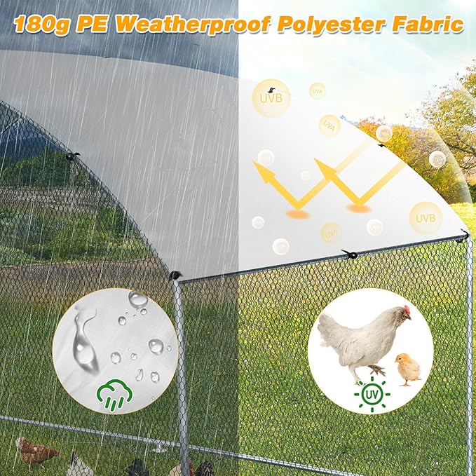 VINGLI Large Metal Chicken Coop, 6.5x9.8x6.5 ft Poultry Cage for Chicken Run, Walk-in Chicken Pen with Waterproof & Anti-UV Cover for Yard Outdoor (Silver-Dome Roof)