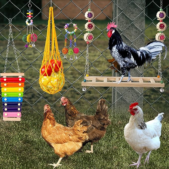 11 Pack Chicken Toys for Coop Accessories - Chicken Xylophone Toy, Chicken Mirror, Chicken Ladder Bridge, Coop Swing, Vegetable Hanging Chicken Feeder, Chewing Foraging Toys, Gifts for Hens