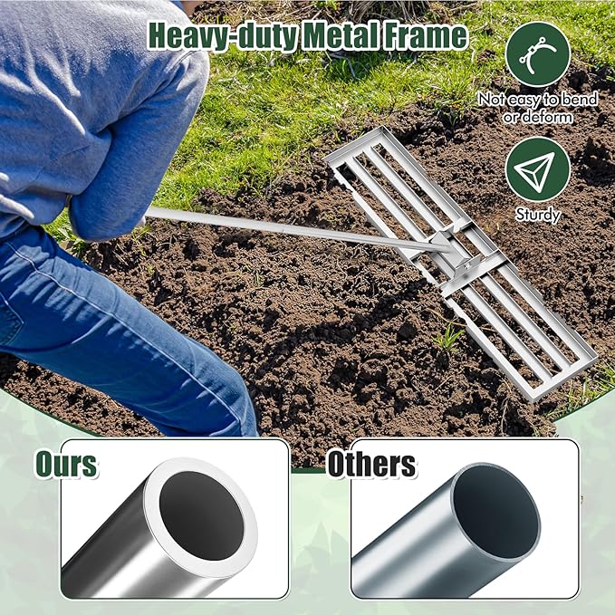 Happygrill Lawn Leveling Rake, Heavy Duty Lawn Level Tool for Soil w/67” Handle, Dirt Ground Leveler, Effort-Saving Landscape Rake for Garden, Backyard, Golf Course, Farm, Pasture (42" x 10", Silver)