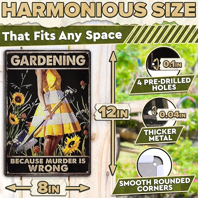 Funny Garden Signs for Outside - Gardening Because Murder is Wrong Sign 8x12 In Vintage Funny Metal Signs for Outside - Unique Gardening Gifts for Women | Gardener's Backyard, Patio and Porch Decor
