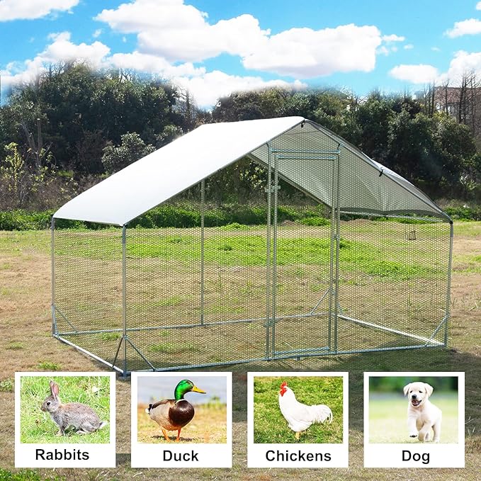 Large Metal Chicken Coop Walk-in Poultry Cage Hen Run House Habitat Spire Shaped Cage with Waterproof and Anti-Ultraviolet Cover for Outdoor Backyard Farm Use (6.5’ L × 9.84’ W)