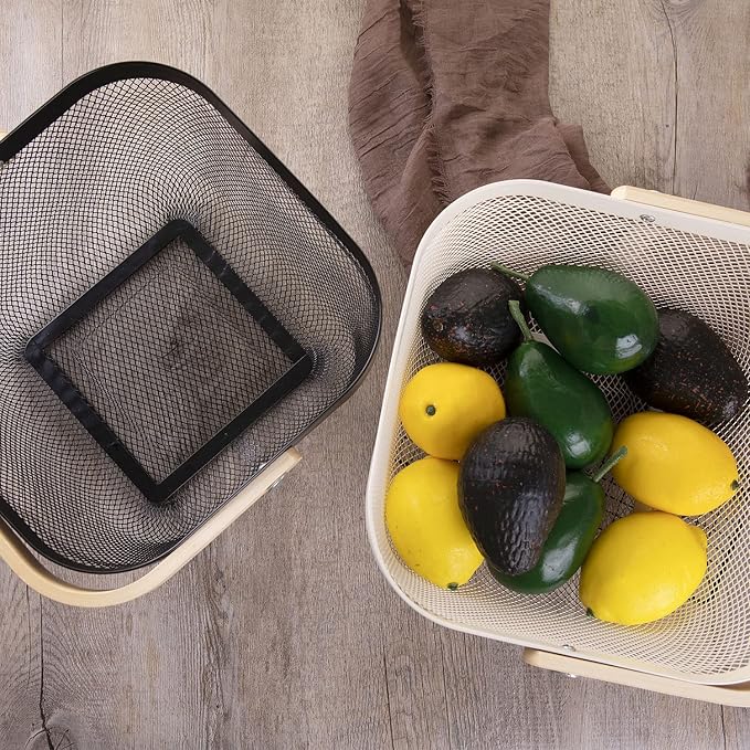 IBWell Square Metal Wire Woven Fruit Storage Bowl Basket with Wooden Handle, Large Black Mesh Fruit Stand, Multi-function Hanging Kitchen Baskets (Black, Normal 4PCS)