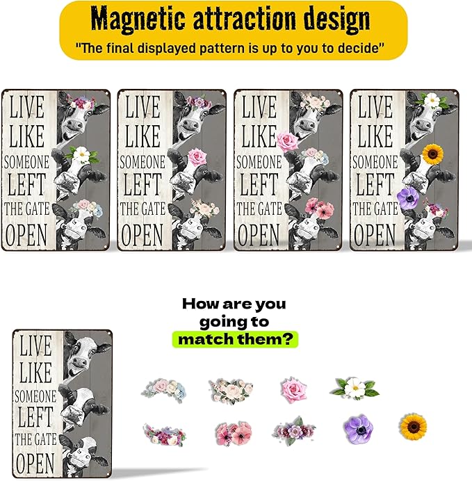 Funny DIY Magnetic Attraction,Vintage Cow Decor Sign Live Like Someone Left The Gate Open Tin Sign for Home Bedroom Bathroom Wall Farm Fence Decor 8x12 Inch (Dark Grey Beige)