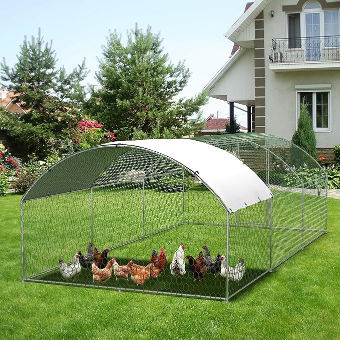 Garvee Metal Chicken Run, 9.8 x 19.7 x 6.6 Ft Metal Chicken Coop for Yard with Waterproof and Anti-Ultraviolet Cover, Dome Roof Walk in Chicken House, Poultry Cage for Hen, Duck and Rabbit