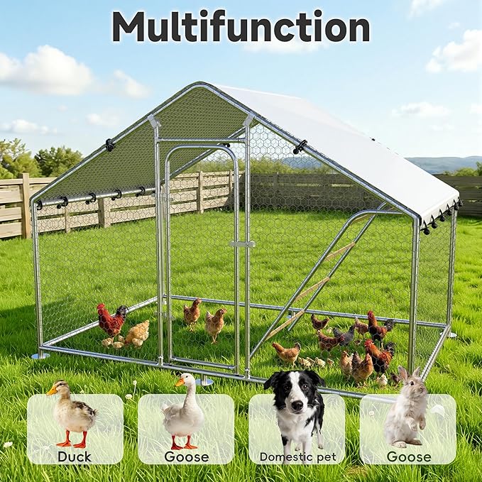 Large Metal Chicken Coop with Roosting Perch, UV-Resistant and Waterproof Cover, Chicken Run Outdoor Walk-in Cage Rabbit Duck Hen House for Yard Farm Use Spire Roof (10’ W x 4.9’ L x 6.4’ H)