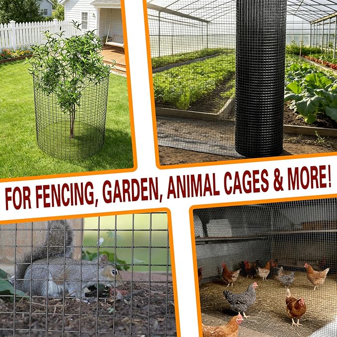 Black Hardware Cloth 1/2in 48inx100ft, Chicken Wire Fencing, PVC Coated Metal Welded Wire Mesh Roll, for Rabbit Snake Groundhog Gopher Netting Cage Vegetable Garden Fence Animal Barrier