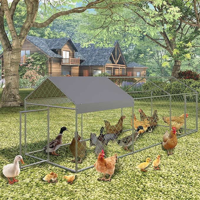 Large Metal Chicken Coop, Chicken Runs for Yard with Waterproof and Anti-Uv Cover, Portable Chicken Coop for Outdoor Chicken Rabbit Duck, Silver, 120 in ×40 in×40 in