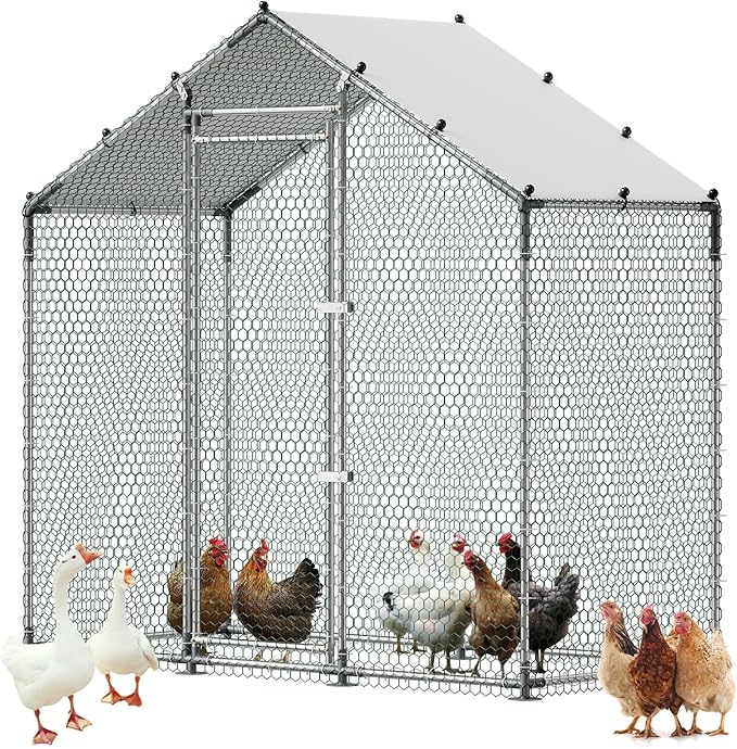 VEVOR Large Metal Chicken Coop,6.6 x 3.3 x 6.6 ft, Walk-in Chicken Run House with Waterproof Cover & Sturdy Frame, Spire Roof Poultry Cage Duck Pen for Rabbit Hen Goose Outdoor Backyard Farm Use