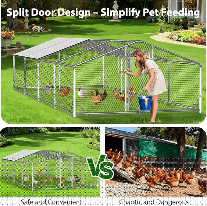 26x10FT Extra Large Metal Chicken Coop with Perch, Functional Split Door Chicken Coop Run with Cover & Hardware Cloth,Heavy Duty Chicken Pen with Aluminum Frame, Easy Setup Animal Run for Hen, Duck