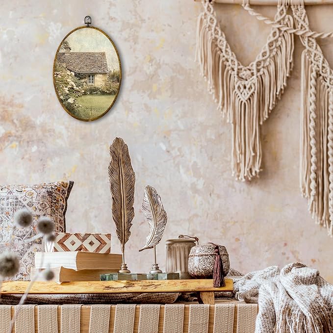 shiviody Rustic Farmhouse Country Canvas Wall Art Decor, Vintage Countryside Antique Cottagecore Landscape Oval Hanging Frame Prints Decorations for Home Bedroom Living Room 8.6"x11.4"