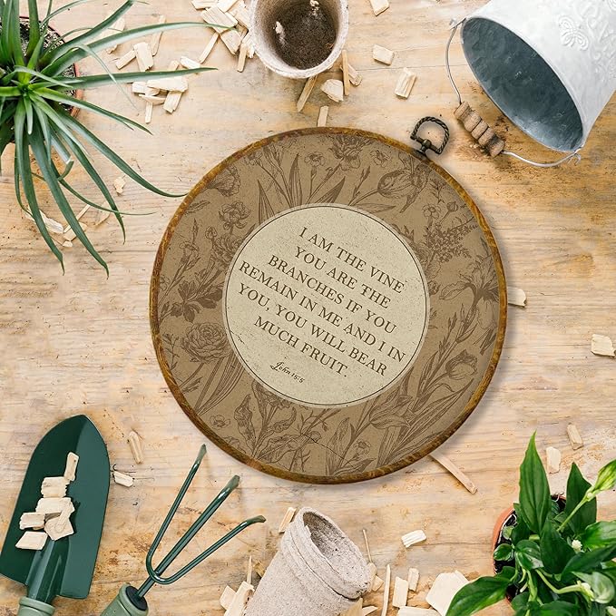 Hiuwevt Vintage Boho Floral Christian Round Wall Art Decor, John 15:5 Bible Verse Framed Canvas Prints, Religious Round Wall Hanging Decor for Church Home Bedroom Living Room Decorations, 10x10 Inches