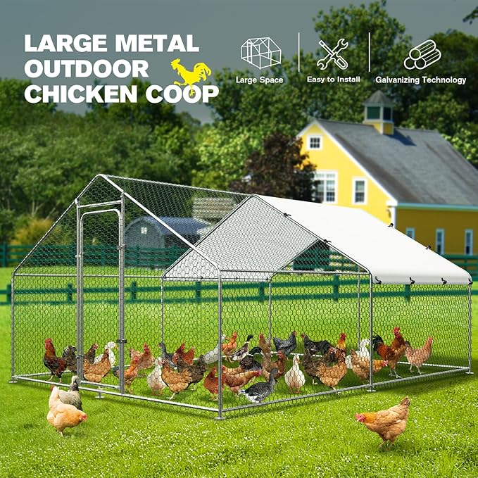 Large Metal Chicken Coop Walk-in Chicken Run with Waterproof Cover Outdoor Backyard Farm Anti-UV Spire Shaped Cage for Poultry, Ducks, and Rabbits(13.1’L x 9.8’W x 6.5’H)