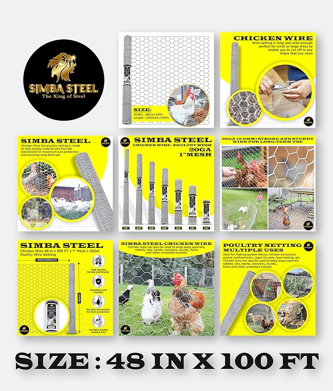Chicken Wire 48 in x 100 FT x 1” Mesh x 20GA | Poultry Wire Netting | Hot Dipped Galvanised | Hexagonal Galvanized Mesh for Chicken Coop, Rabbit Cage, Fence Barrier