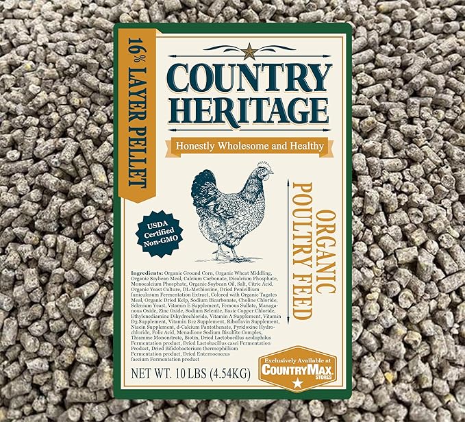 Country Heritage Hen Egg Layer Organic Pellet 10lbs - 16% Protein Non-GMO Chicken Feed for Increased Egg Production & Strong Eggshells, High Protein