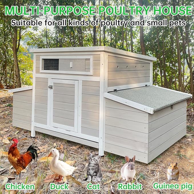 Chicken Coop, 58" Wooden Chicken Coop with 2 Sides Large Nesting Boxes for 4-6 Chickens, Poultry Hutch Rabbit Cage with No-Slip Ramp & Pull-Out Tray for Outdoor Farm Yard (White Grey)