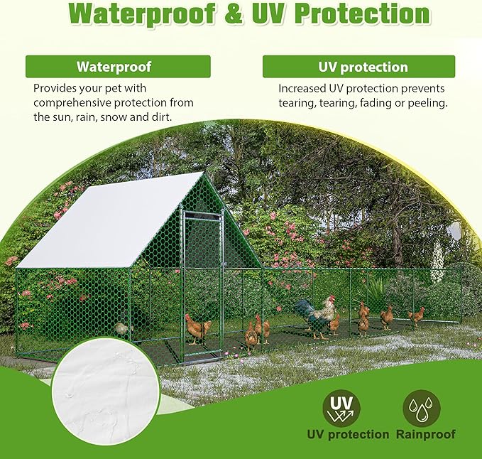 KEIKI Large Metal Chicken Coop, Metal Chicken Run with Waterproof Cover, Farm Poultry Run Hutch Hen House, Outdoor Walk-in Chicken Pen for Poultry Duck Rabbit, 9.93ft x 3.52ft x 4.97ft