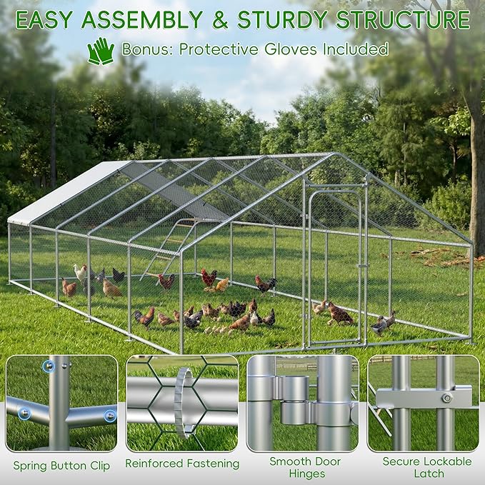 Large Metal Chicken Coop with Roosting Perch, Waterproof and UV Protection Cover, Chicken Run Outdoor Walk-in Cage Chicken Rabbit Duck Hen House, Spire Roof (10'W x 32.8'L x 6.4'H)