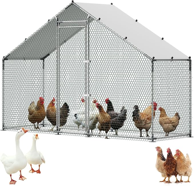 VEVOR Large Metal Chicken Coop,9.8 x 3.3 x 6.6 ft, Walk-in Chicken Run House with Waterproof Cover & Sturdy Frame, Spire Roof Poultry Cage Duck Pen for Rabbit Hen Goose Outdoor Backyard Farm Use