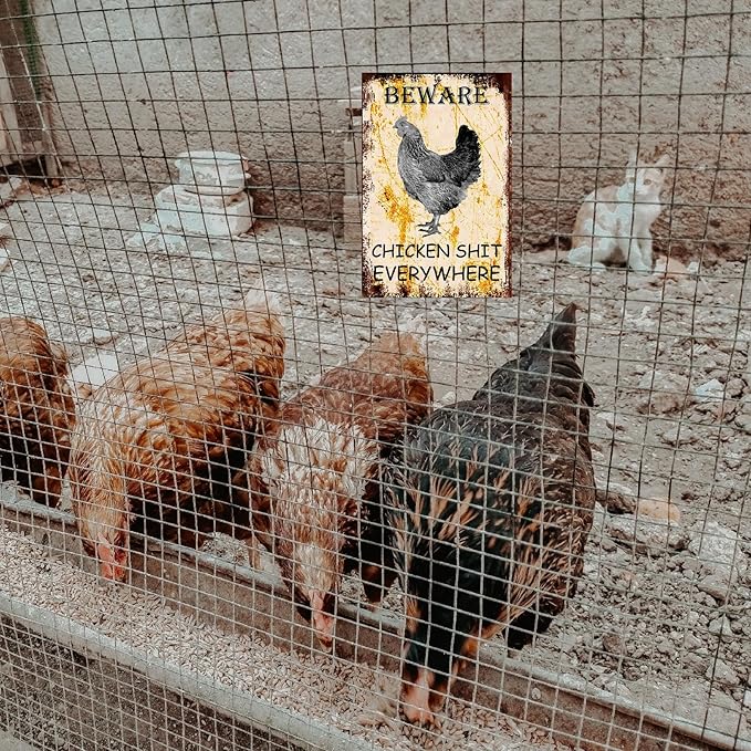 Funny Metal Chicken Coop Sign - Beware Chicken Shit Everywhere - Yard, Garage, Farm, Garden Wall Decor Plaque for Home Fence - Outdoor Tin Sign 8 X 12 Inches