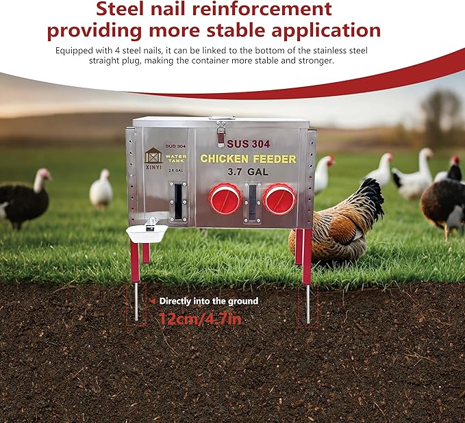 Stainless Steels Chicken Feeder and Waterer, Gravity Feeder with Adjustable Legs, Aluminum Alloy Water Cup, Automatic Feeder Waterpoof and Sturdy, Transparent Water Observation Window, 3.7 Gallon