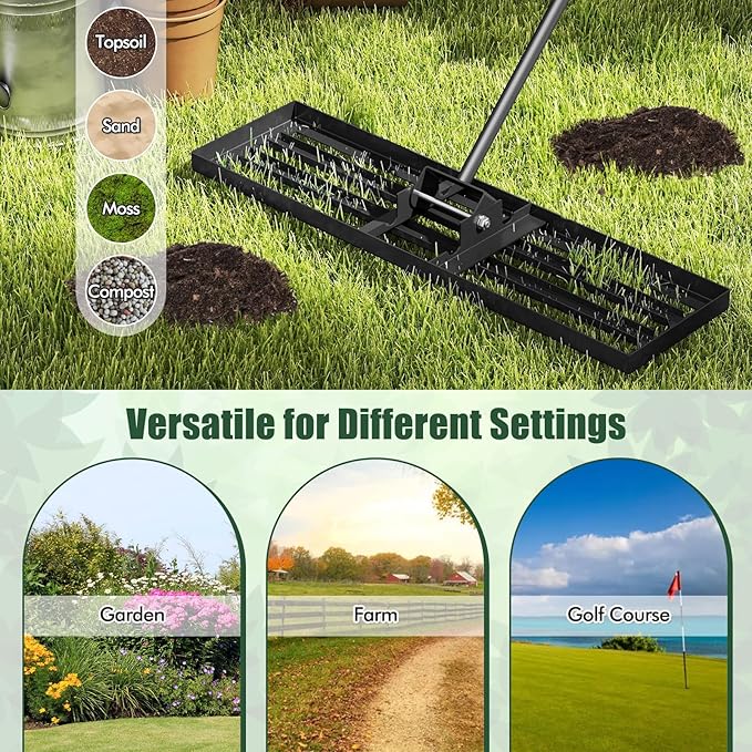 Happygrill Lawn Leveling Rake, Heavy Duty Lawn Level Tool for Soil w/67” Handle, Dirt Ground Leveler, Effort-Saving Landscape Rake for Garden, Backyard, Golf Course, Farm, Pasture (36" x 10", Black)