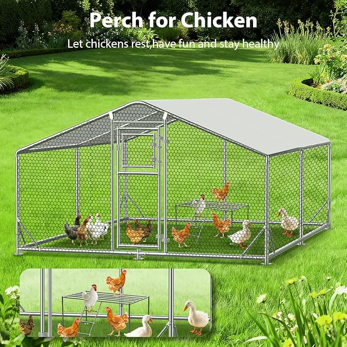 13x10 FT Walk in Chicken Coop with Perch, Functional Split Door Metal Chicken Coop Run with Hardware Cloth & Cover, Heavy Duty Duck Pen with Galvanized Frame, Large Animal Run for Chicken, Duck, Goat