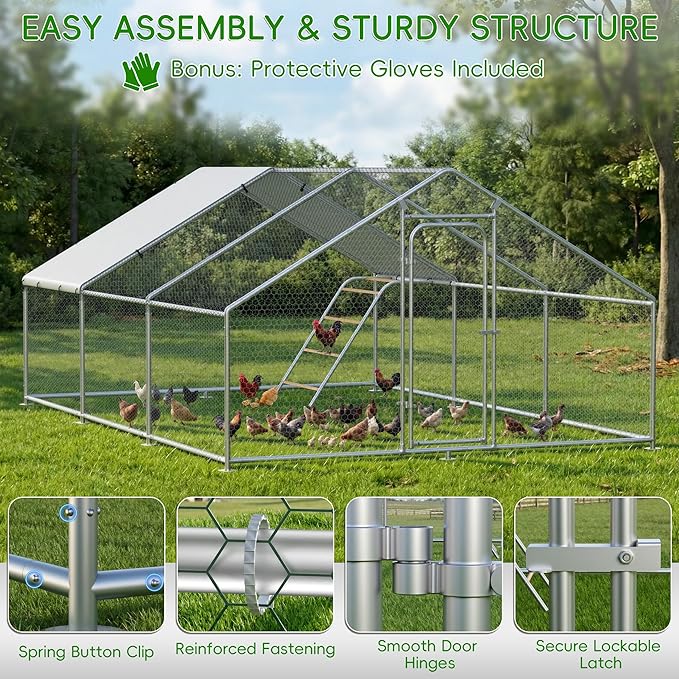 Large Metal Chicken Coop Run with Roosting Perch, Outdoor Waterproof & UV-Resistant Cover for Chickens, Ducks, Rabbits, Hens in Yard or Farm Use Spire Roof (13.1'Wx19.7'Lx 6.5'H)