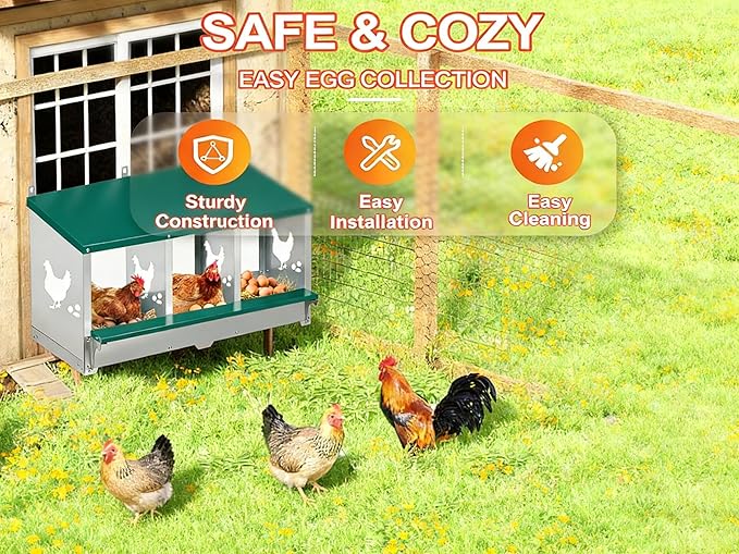 Chicken Nesting Box 3 Compartment with 10 Pet Moisture Pads and 4 Fake Eggs Roll Away Egg Collection, Perch, Lid Cover for Egg Protection - Wall Mount Nest Box for Chickens, Hens, Ducks