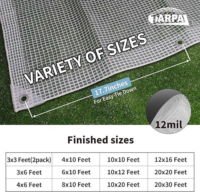 TARPAL 4'x10' Clear White Tarp Heavy Duty Waterproof 12mil with Grommets or Zip Ties for Small Greenhouse for Outdoors Garden,Farm,Chicken Coops