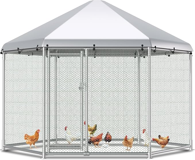 Large Metal Chicken Coop Run, 13 ft Hexagon x 8.6 ft H Chicken Runs for Yard with Cover, Outdoor Walk-in Chicken Pen for 12–20 Hens, Anti-Rust Poultry Cage with Stable Wind-Resistant Design