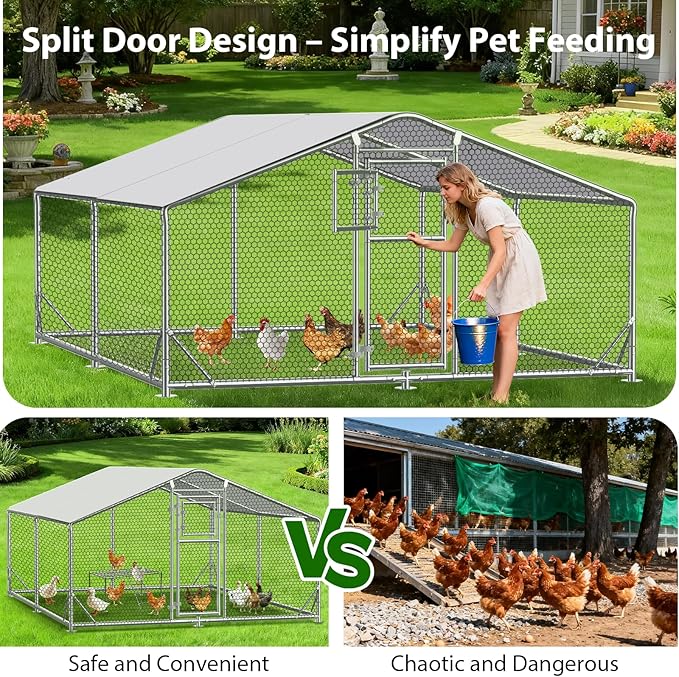 13x10 FT Walk in Chicken Coop, Functional Split Door Metal Chicken Coop Run with Hardware Cloth & Cover, Heavy Duty Duck Pen with Galvanized Frame, Large Animal Run for Chicken, Duck, Goat