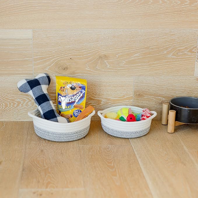 NaturalCozy 5-Piece Round Small Woven Baskets Set– Cotton Rope Baskets for Organizing! Montessori Toys, Fruits Remotes Key Tray Bowl for Entryway Desk, Shallow Catchall Home Décor, Cat Dog Bin Gift