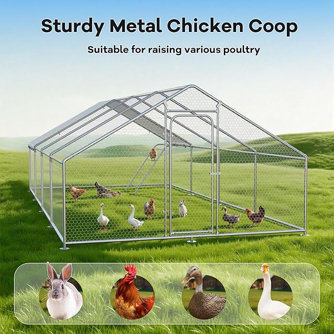 Large Metal Chicken Coop Run with Roosting Perch– Outdoor Waterproof & UV-Resistant Cover for Chickens, Ducks, Rabbits, and Hens in Yard or Farm Use Spire Roof(13.1'Wx26.2'Lx 6.5'H)