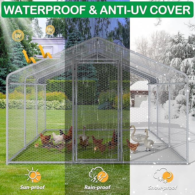 Large Metal Chicken Coop, Walk-in Chicken Run Pen with Waterproof Cover, Spire Roof Hen House Poultry Cage for Outdoor, Backyard, Farm(8.9x18.9 FT)
