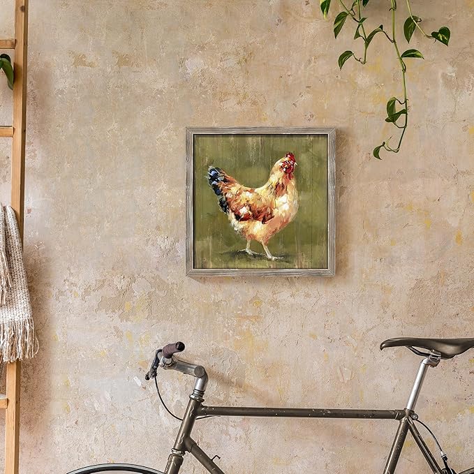 Rustic Farmhouse Wood Wall Art: Chicken Framed Print Decor Farm Animal Picture Artwork Country Hen Painting Decorations for Kitchen Home Bathroom Bedroom 12 x 12 Inches