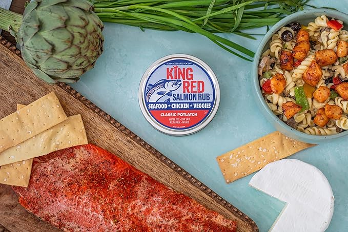King Red Salmon Rub – Classic Potlatch Seasoning Dry Spice Blend - Grilled Salmon, Seafood and Veggies – All Natural, Gluten-Free, Keto, Low Salt and No MSG – 3oz Fresh-Sealed Pouch in Reusable Tin