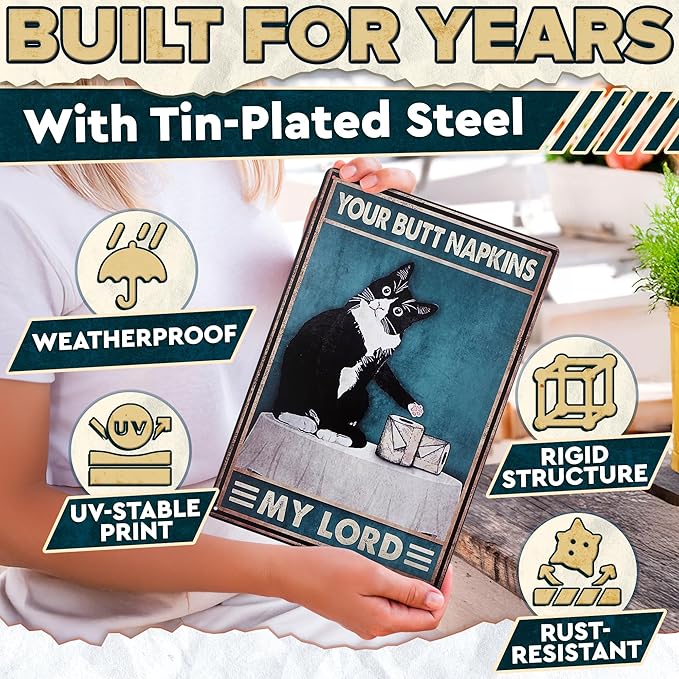 Funny Cat Bathroom Sign – “Your Napkin My Lord” 12 x 8 inch Tin Sign, Rustic Black Cat Wall Decor for Home, Farmhouse Bathroom Metal Plaque, Vintage Cat Wall Art for Toilet or Guest Bath