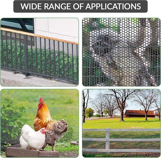 QueenBird Black Plastic Wire Mesh Fence 15.7IN x 10FT Roll - Ideal for Poultry, Dogs, Rabbit, Snake Barrier & Gardening - Durable Plastic Chicken Wire Mesh - Versatile Plastic Fencing&Netting Solution