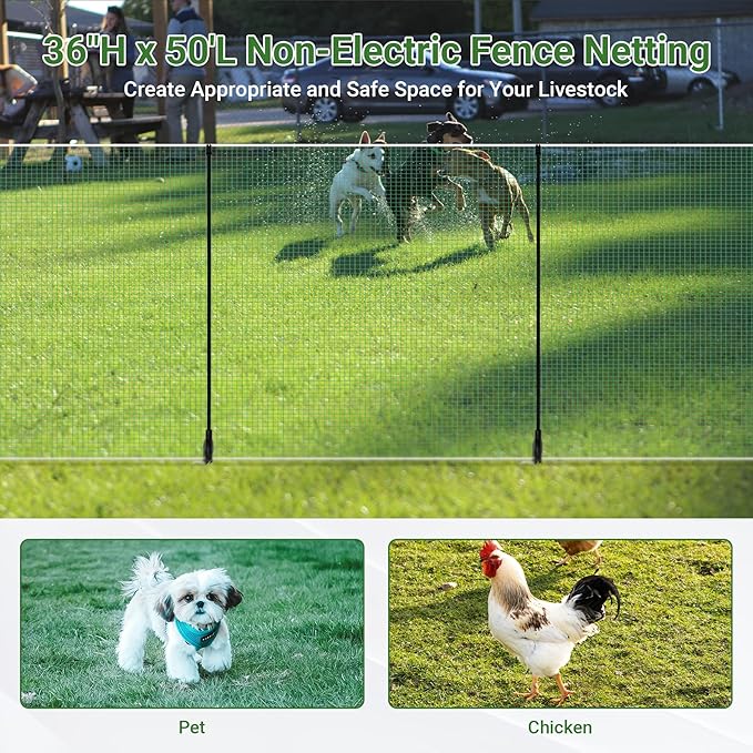 Non Electric Fence Netting 36" x 50', Boundary Fence with Double Spiked Posts&Windproof Kit, Portable Poultry Fence for Dogs, Chickens, Ducks, Turkeys Suitable in Backyard, Garden