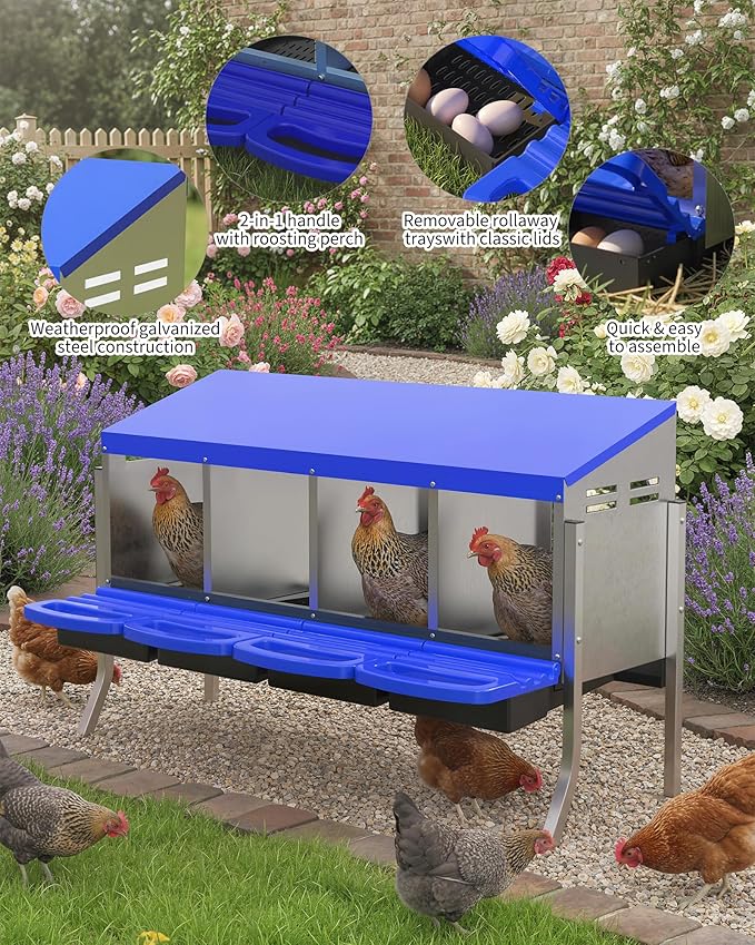 Chicken Nesting Box 4 Hole, Galvanized Steel Nest with Roll Away Egg Collection & Swing Perch, Easy-Clean Laying Box for Hens, Heavy Duty Design for Chicken Coop