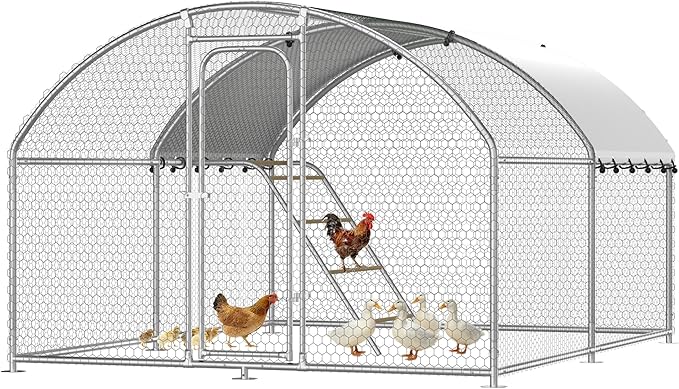 Chicken Coop with Roosting Perch, Large Metal Chicken Hen Run Poultry Cage with Water-Resident Cover for Rabbit Duck House Walk-in Chicken Pen for Yard, Dome Roof(10’ W x 13.2’ L x 6.4’ H)