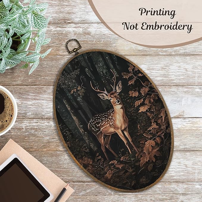 LKETW Vintage Nature Forest Deer Oval Wall Art Decor, Dark Academia Cottagecore Fall Forest Deer Oval Canvas Hanging Decor, Rustic Wild Animal Wall Decorations for Home Bedroom, 8.6x11.4 Inch