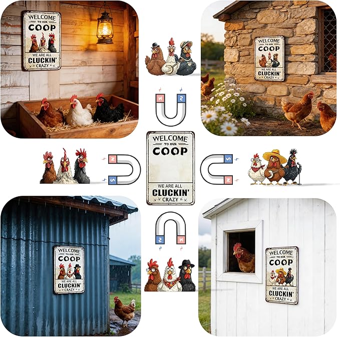DIY Magnetic Attraction Design,Funny Chicken Tin Sign | chicken decor | Farmhouse Wall Decor, Rooster Kitchen & Bathroom Art,Metal Signs,Funny Gifts,8 * 12 Inch (Grayish Yellow)