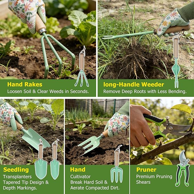 Gardening Tools 9-Piece Heavy Duty Gardening Hand Tools Set (Green), Stainless Steels and Reinforced Garden Supplies Kit, Durable Garden Tools Organizer Handbag, Ideal Garden Gifts for Women
