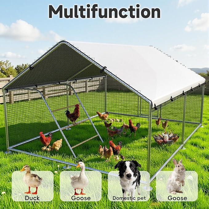 Large Metal Chicken Coop Run with Roosting Perch, Outdoor Poultry Cage with Heavy Duty Wire Mesh and UV-Resistant Cover for Chickens Use, Spire Roof (8.9'W x11.8'L x 6.6'H)
