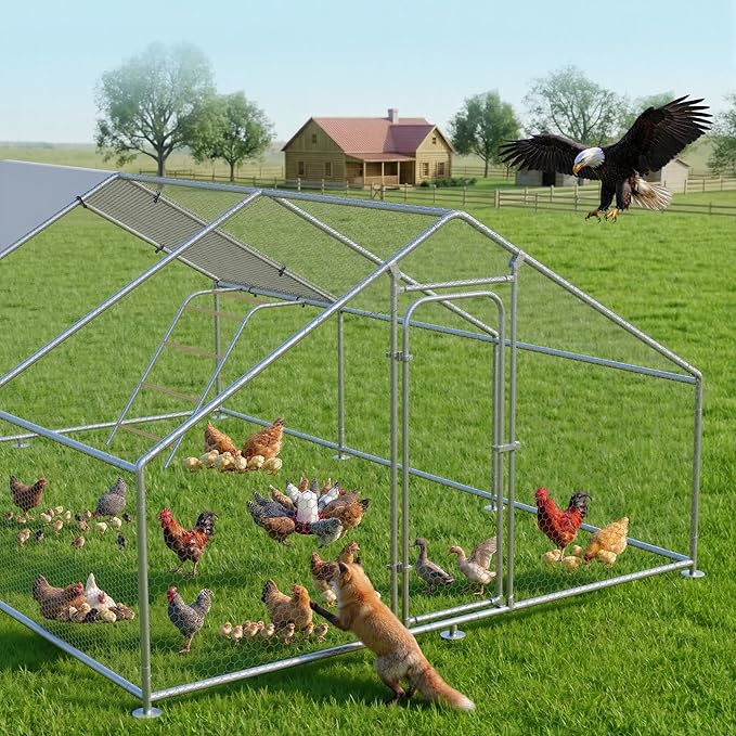 Large Metal Chicken Coop Run with Roosting Perch, Outdoor Waterproof & UV-Resistant Cover for Chickens, Ducks, Rabbits, Hens in Yard or Farm Use Spire Roof (13.1'Wx19.7'Lx 6.5'H)