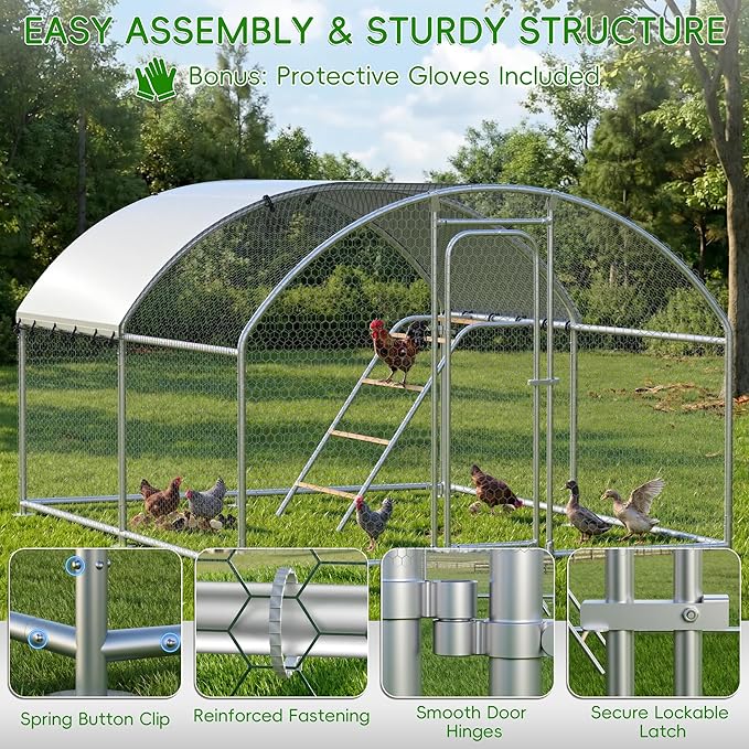 Large Metal Chicken Coop with Roosting Perch, Waterproof and UV-Resistant Cover, Outdoor Walk-in Cage Hen House for Yard Farm Rabbit Duck Chicken Run Dome Roof (10’ W x 13.2’ L x 6.4’ H)